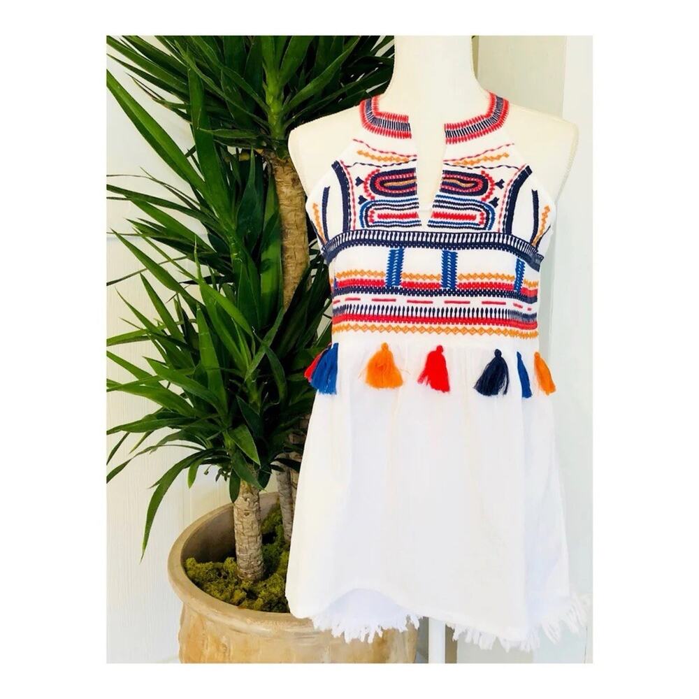 THML White Multicolor EMBROIDERED Empire Waist Halter Top with Tassel Trim SMALL